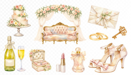 Romantic wedding clipart collection with floral arch sofa, cake, champagne, rings, envelope, perfume, lipstick and elegant bridal shoes in soft pastel watercolor style. Vector illustration