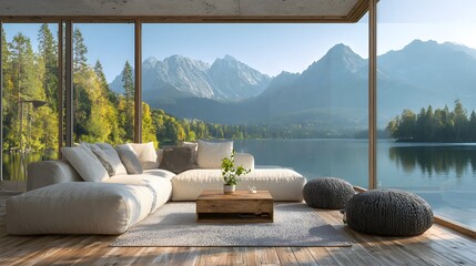 Luxurious Lakeside Living Room with Panoramic Mountain Views and Serene Ambiance.