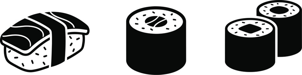 Set of three different types of sushi pieces including nigiri with fish and a classic maki roll