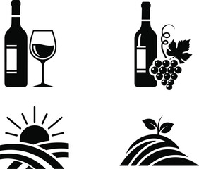 Black and white icons depicting wine bottles and grapes with vineyard scenery for winery branding
