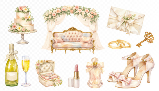 Romantic wedding clipart collection with floral arch sofa, cake, champagne, rings, envelope, perfume, lipstick and elegant bridal shoes in soft pastel watercolor style. Vector illustration - Powered by Adobe
