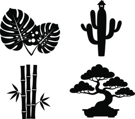 Set of black and white icons featuring various plants including a monstera leaf and a cactus