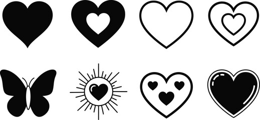 Set of black and white megaphones with different sound wave patterns for loudspeaker announcements