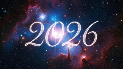 The year 2026 written in sparkling script over a vibrant, colorful nebula in deep space