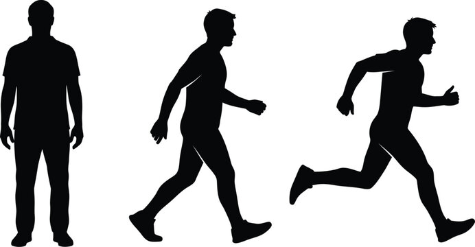 Three black silhouettes of a man in different moving positions including standing walking and running