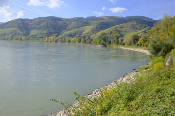 Obraz premium The River Danube in fall with green hillsides and blue sky, near Durnstein in Austria