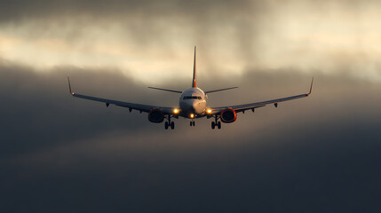 An airplane descends through clouds, sunlight catching its form. The plane is facing directly toward the viewer, landing lights are illuminated. It conveys a sense of travel and anticipation.