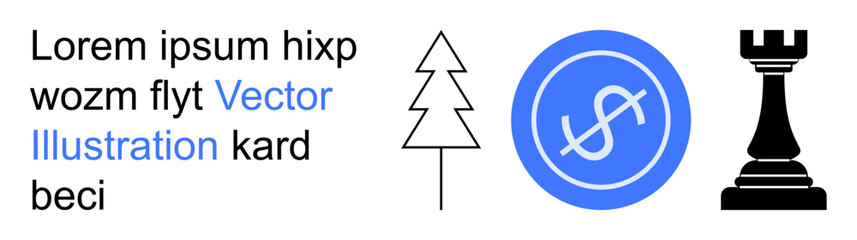 Business strategy, financial growth, planning, investment, decision-making, conceptual design. A tree outline, a dollar symbol in a circle and a chess rook. Strategy and financial growth concepts © robu_s