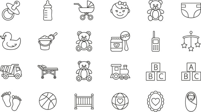 Line art baby icons set featuring infant essentials like pacifier stroller teddy bear toys diaper bottle and nursery equipment for parenting and motherhood vector illustrations