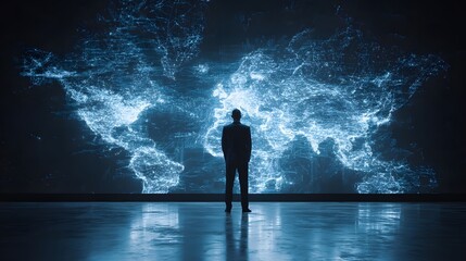Man Stands Before a Glowing World Map Displaying Global Connections and Data.