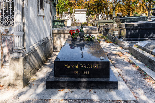 Grave of Marcel Proust, celebrated French novelist and author of In Search of Lost Time, in the historic P&egrave;re Lachaise Cemetery, iconic necropolis of Paris, France