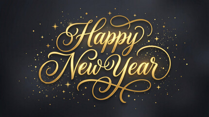Gold Lettering Vector Illustration Of Happy New Year Text On Dark Background With Sparkling Glitter Elements
