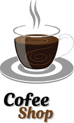 Obraz premium Modern coffee shop logo vector featuring a steaming cup of dark espresso on a saucer with elegant typography isolated on white background.