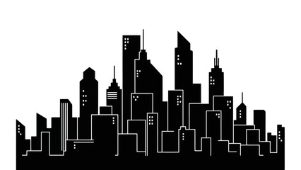 Fototapeta premium Minimalist Black Silhouette of City Skyline with Skyscrapers and Urban Buildings, Isolated White Background.