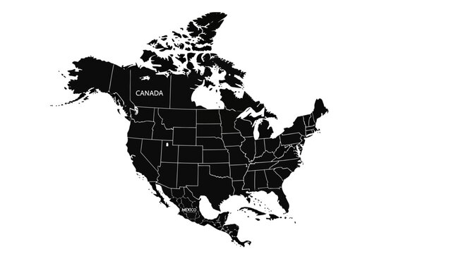 Black Silhouette Map of North America with Country Names and Internal Borders on Isolated White Background