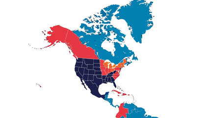 North America Continent Map with Political Regions Highlighted in Red and Blue on Isolated White Background © Wisnu505