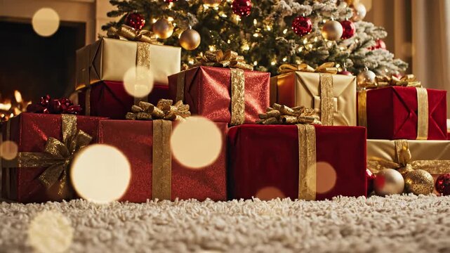 Festive Presents Beneath the Tree: A pile of beautifully wrapped gifts, adorned with ribbons, sits beneath a twinkling Christmas tree, evoking the anticipation and joy of the holiday season.