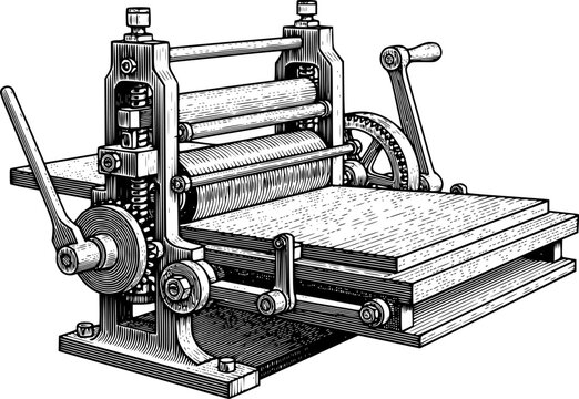 Vintage Letterpress Printing Machine Engraving Illustration Isol
