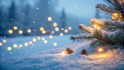 Enchanting winter wonderland with glowing christmas lights on a snowy pine tree