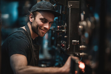 Focused Operator Adjusting Roasting Controls in Industrial Setting