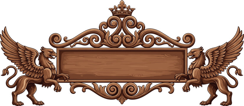 Intricate heraldic wood carving vector featuring two winged griffins flanking a blank scroll frame with a crown topper isolated on white background.