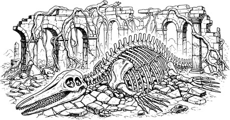 Naklejka premium Engraved Illustration of a Fossilized Sea Monster in the Ruins o 