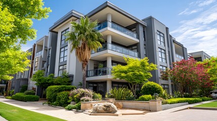 Fototapeta premium Modern Apartment Building with Balconies and Lush Greenery Under a Blue Sky.