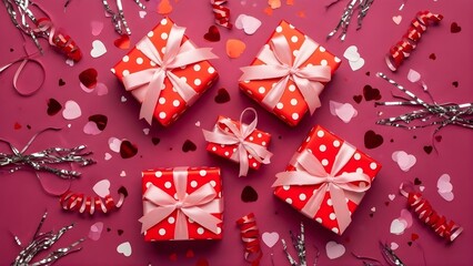 Beautiful arrangement of red and white polka dot gift boxes with pink ribbons on a vibrant pink background surrounded by heart-shaped confetti