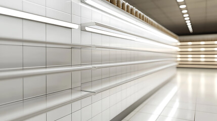 Sleek aisle with empty shelves, illuminated by linear lighting, creates a minimalist, modern space. Clean white tiles reflect light, enhancing the sense of openness.