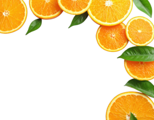 Sliced orange fruit pieces and green leaves arranged in a curved frame against a black background