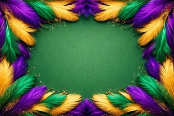 Mardi Gras carnival background with purple green and gold feathers frame. Festive masquerade party border with glitter and copy space for text.