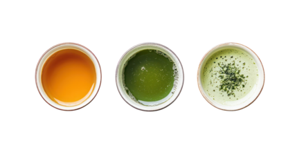 Three Japanese Winter Drinks Arranged Symmetrically with Green Tea on transparent background