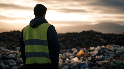 Man in vest on landfill looks out over waste mountains at dusk, contemplating environmental issues and challenges. Highlighting the urgent need for waste reduction.