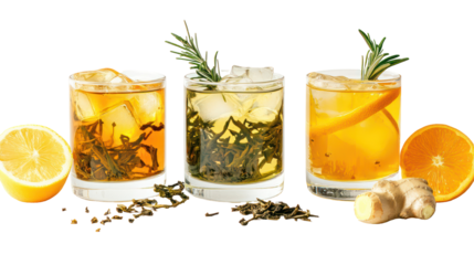 Three Japanese Winter Drinks with Genmaicha, Ginger Tea, and Warm Sake on transparent background