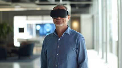 Man in casual green shirt, deeply immersed in white VR virtual reality headset, stands in an open office