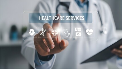 Healthcare professional touching virtual interface with medical icons, symbolizing innovative digital health solutions and future medical care access