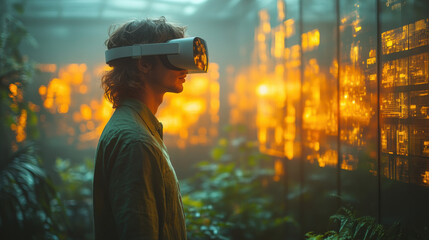 Man wearing white VR goggles experiences augmented reality while surrounded by lush greenery forest