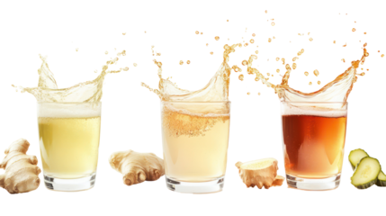 Three Japanese Winter Drinks with Hot Green Tea, Ginger Tea, and Amazake on transparent background