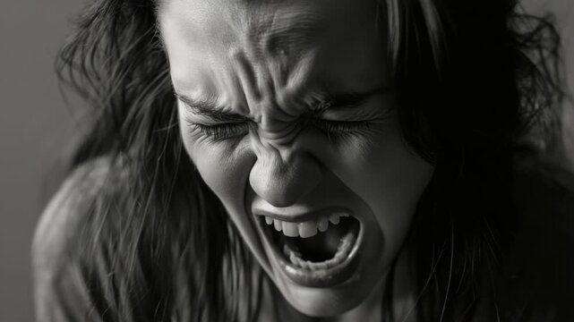 A young woman with a tormented expression is captured mid-cry in this dramatic portrait. Her eyes are closed, her face contorted, and her mouth open wide as she sobs.