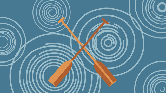 Two wooden oars crossed over abstract water ripples.