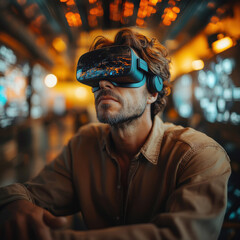 Man wearing VR goggles is immersed in digital world, surrounded by glowing lights futuristic UI in tech-driven environment