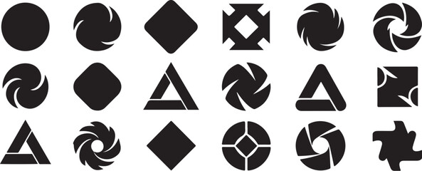 Collection of abstract black geometric shapes and swirling circular icons