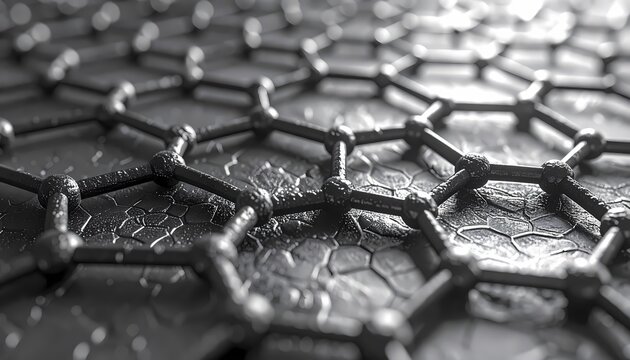 Close-up of a hexagonal molecular structure in grayscale representing advanced materials and nanotechnology.
