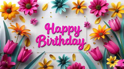 Bright cheerful golden Happy Birthday greeting card with 3D paper-style colorful flowers on white background. Perfect for celebration and party designs.