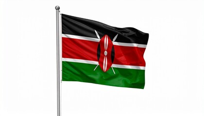 Kenyan national flag waving on flagpole with black, red, and green horizontal stripes, white borders, Maasai shield and spears.
