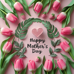 3D "Happy Mother's Day" with botanical theme, pink tulips and broad leaves framing the message with modern touch, set on pale pink background.