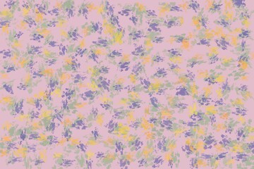Fototapeta premium Soft pastel abstract background with colorful artistic brush strokes on pink backdrop, Impressionist style texture with purple, yellow, and green paint dabs for creative design.