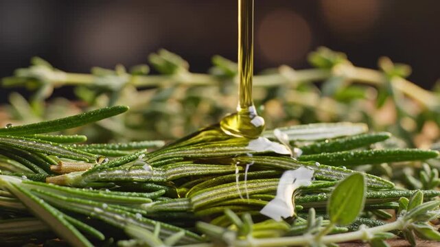 Herbaceous Harmony: A close-up showcases vibrant rosemary and thyme, delicately adorned by a stream of golden olive oil, highlighting the essence of culinary creation.