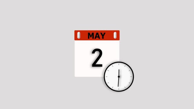 May month 2 date animation. Calendar and clock icon concept, on white background stunning 4k animation.
