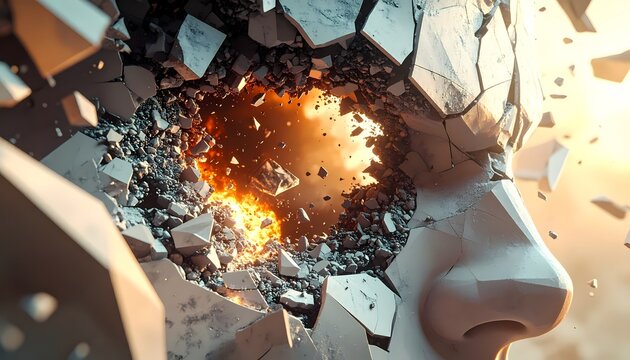 Explosion of Consciousness: A Mind Shattering into Brilliant Light and Fragments.